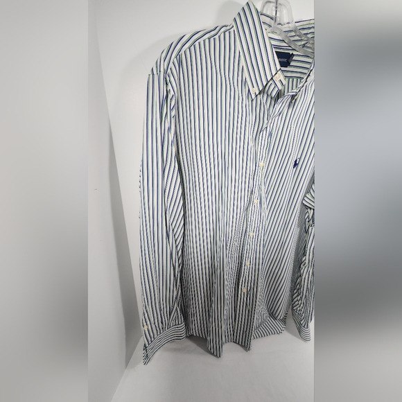 VTG Polo Ralph Lauren Custom Fit Shirt Mens 16 1/2 33/35 Striped Green White Blu - Picture 3 of 13